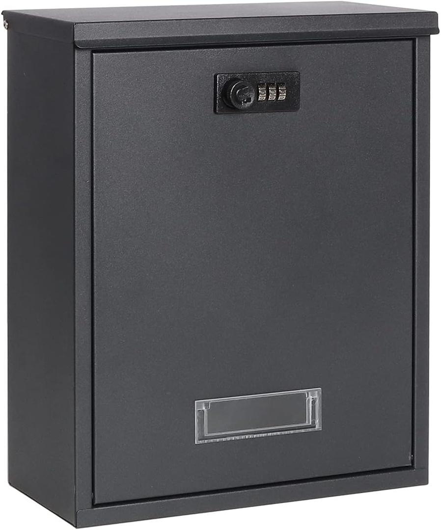 Locking Mailbox Wall Mount Combination Lock Drop Box Large Capacity with Galvanized Steel Cover and Rust-Proof Metal Post Box, 12.6 x 10.24 x 4.21 InchBlack Matt