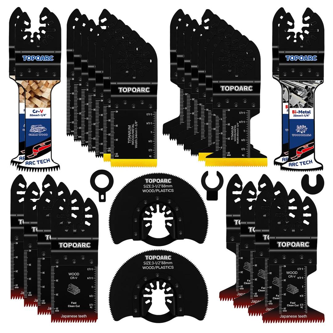 28 PCS Oscillating Saw Blades Quick Release Saw Blades Titanium Multitool Blades for Cutting Wood Plastics Metal, Oscillating Tool Blades Kits Compatible with Dewalt, Bosch, Milwaukee