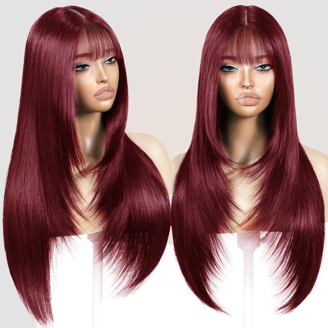 Long Burgundy Wig with Bangs for Women Synthetic Heat-Resistant Hair Layered Style Hair for Daily and Party Use (26 Inch)