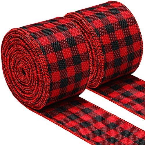 Boao 2 Rolls 2.5 Inch Wide Red Black Buffalo Plaid Ribbon Christmas Wired Ribbon for Christmas Tree Wreath Gift Wrapping, 39.3 ft