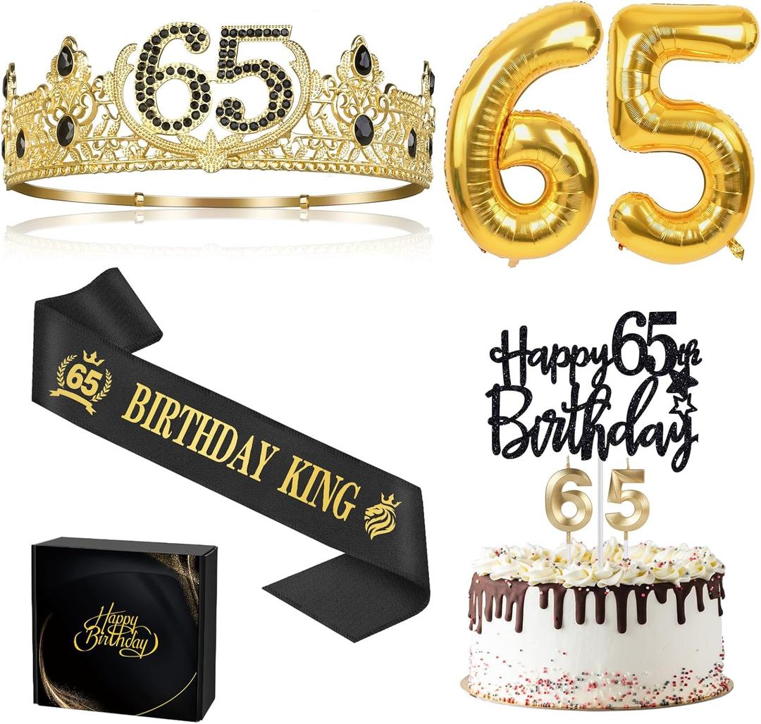 65th Birthday Gifts for Men, 65th Birthday Decorations for Men, Party Decor Supplies Including King Crown & Sash & Balloons & Cake Topper & Candles
