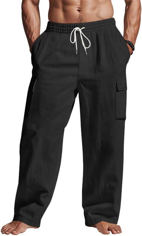 Mens Casual Cargo Pants Summer Vacation Lightweight Drawstring Pants Elastic Waist Beach Yoga Trousers with Pockets, Size XL