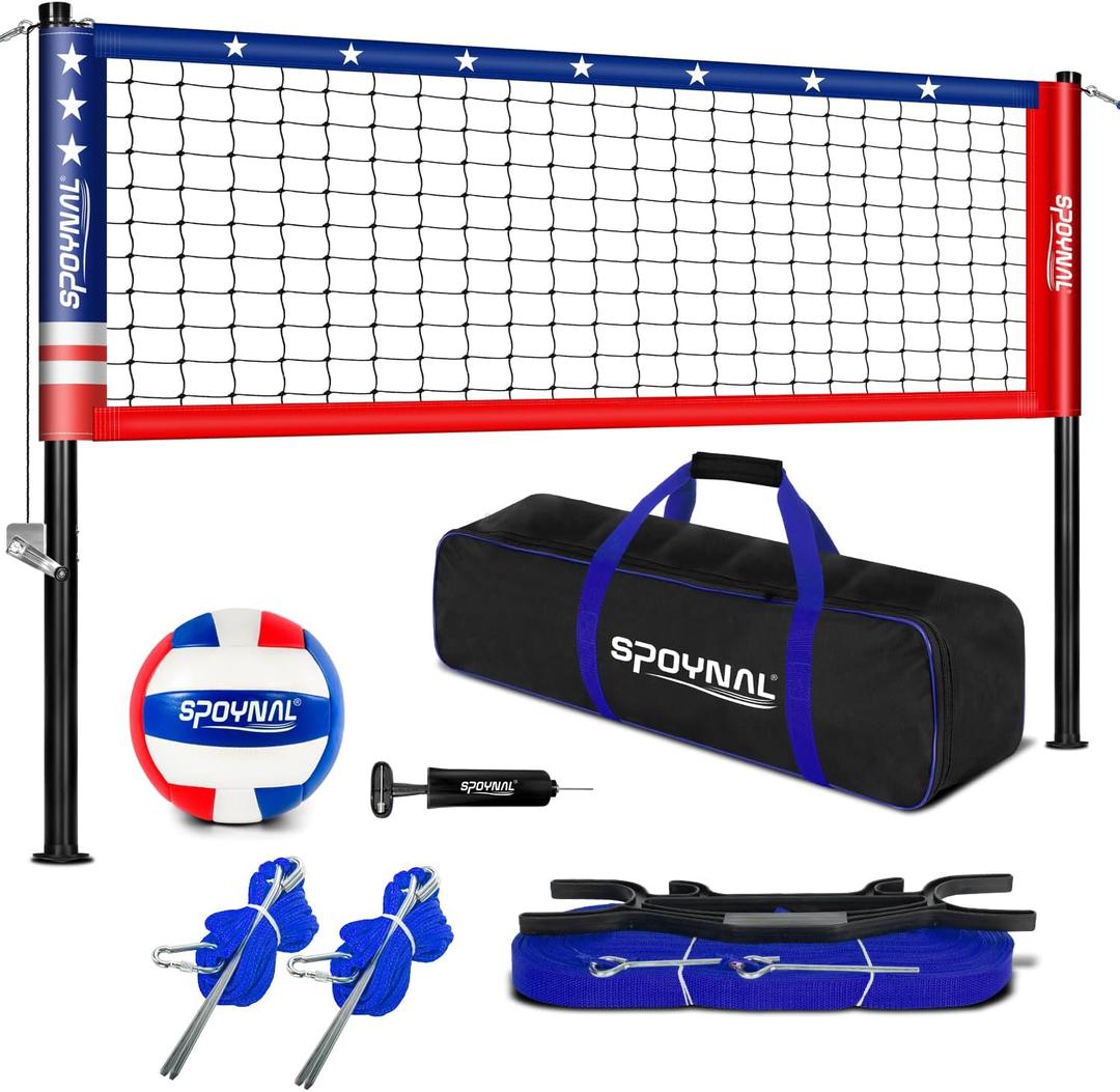 Outdoor Portable Volleyball Net Set with Adjustable Height Steel Poles, Volleyball, Anti-sag Winch System, Pump, Boundary Line, and Carry Bag for Backyard, Beach, Lawn