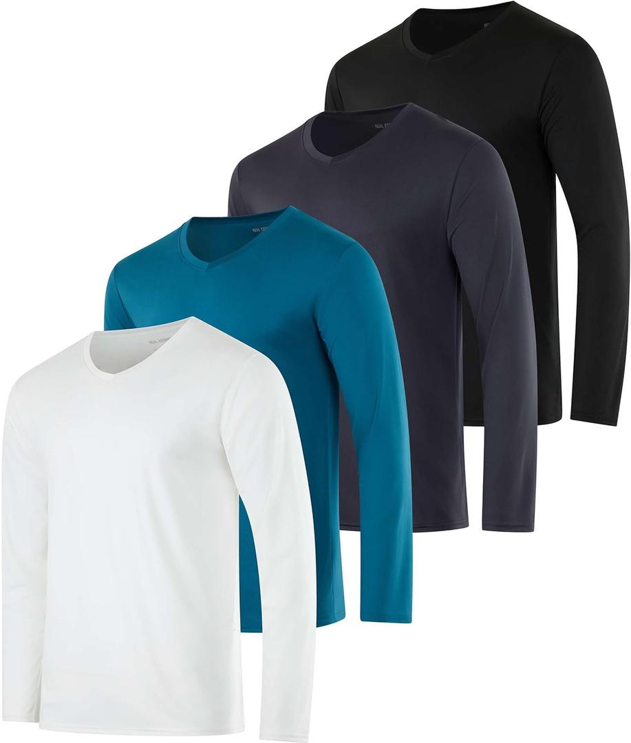 Real Essentials 4 Pack: Men's Dry Fit Long Sleeve V-Neck Active T-Shirt - Athletic Outdoor UPF 50+ (Medium)