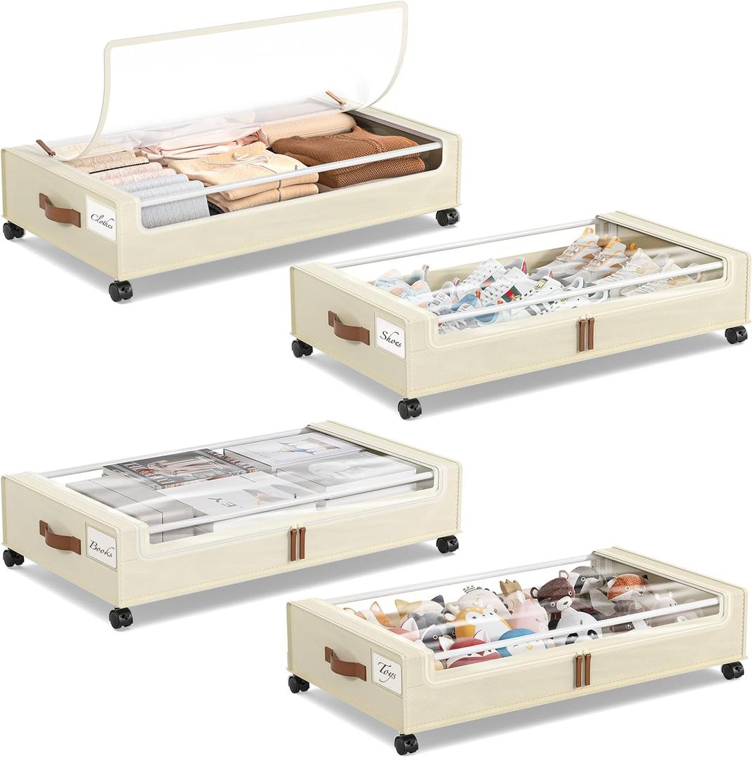 Yecaye 4 Pack Under Bed Storage with Wheels, Under Bed Storage Containers with Lids, Large Under Bed Rolling Storage with Clear Window & Label, Rolling Drawers for Clothes, Blankets, Books (Beige)