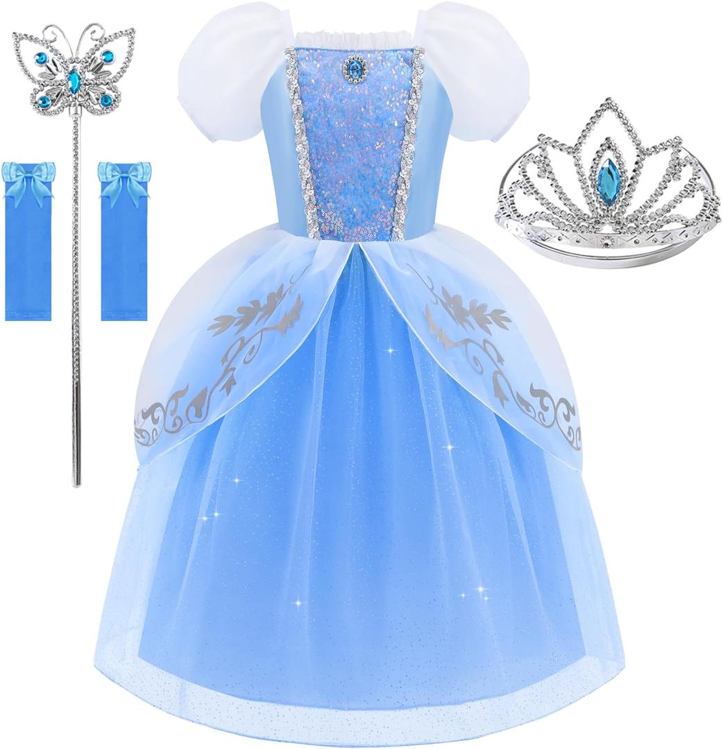Aolliya Princess Dress for Girls Puff Sleeves Princess Costume Blue Fancy Dress Up for Halloween Cosplay Party Carnival (6-7/130)