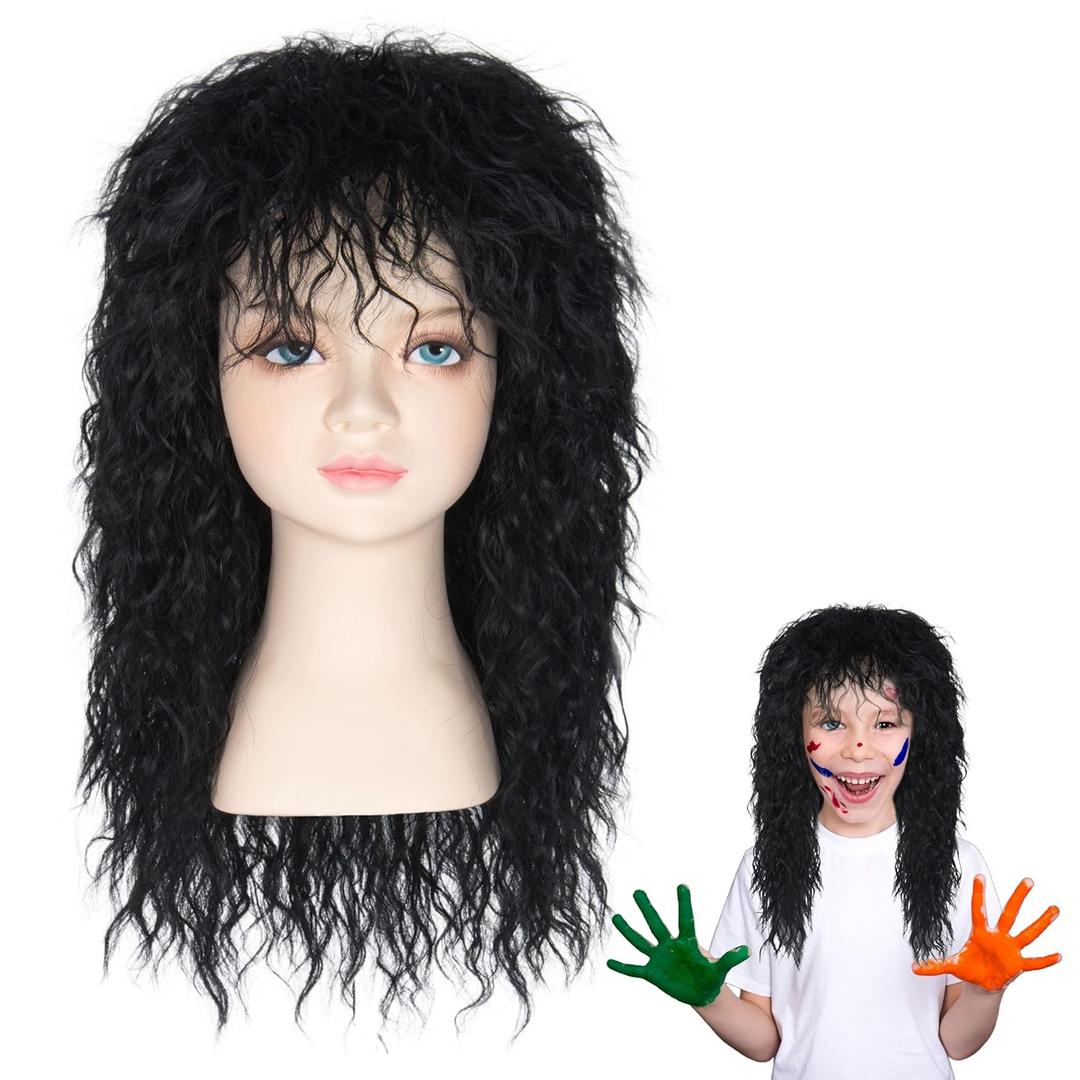 Miss U Hair 80s Wig for Kids Child Long Black Curly Rocker Wig 80s Big Hair Band Cosplay Halloween Wig
