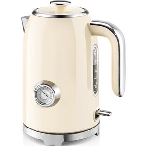 SUSTEAS Electric Kettle - 57oz Hot Tea Kettle Water Boiler with Thermometer, 1500W Fast Heating Stainless Steel Tea Pot, Cordless with LED Indicator, Auto Shut-Off & Boil Dry Protection, Beige