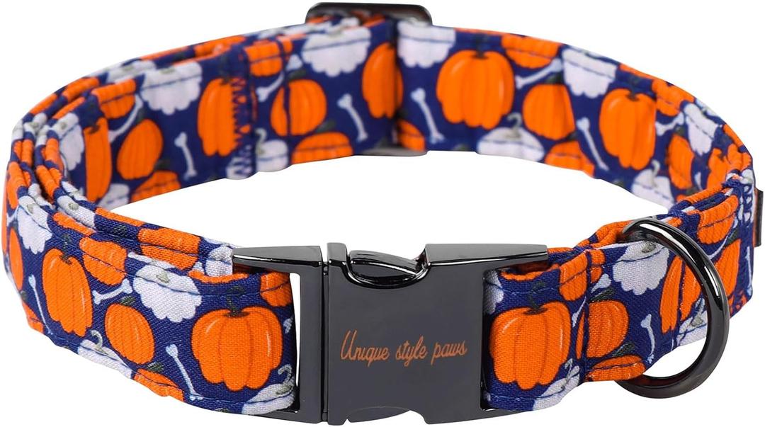Unique style paws Dog Collar Metal Buckle Collar for Autumn Winter Christmas for Small Medium Large Boys Girls Dogs (Bone pumpkin)