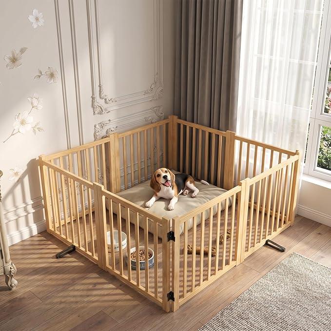YOCAN Non-Painted Wooden Freestanding Dog Gate, Pet Gate for Indoor Use, Dog Fence for Doorways, Stairs & House, Step-Over Design, Easy to Install-8 Panel 23", Broken Bar
