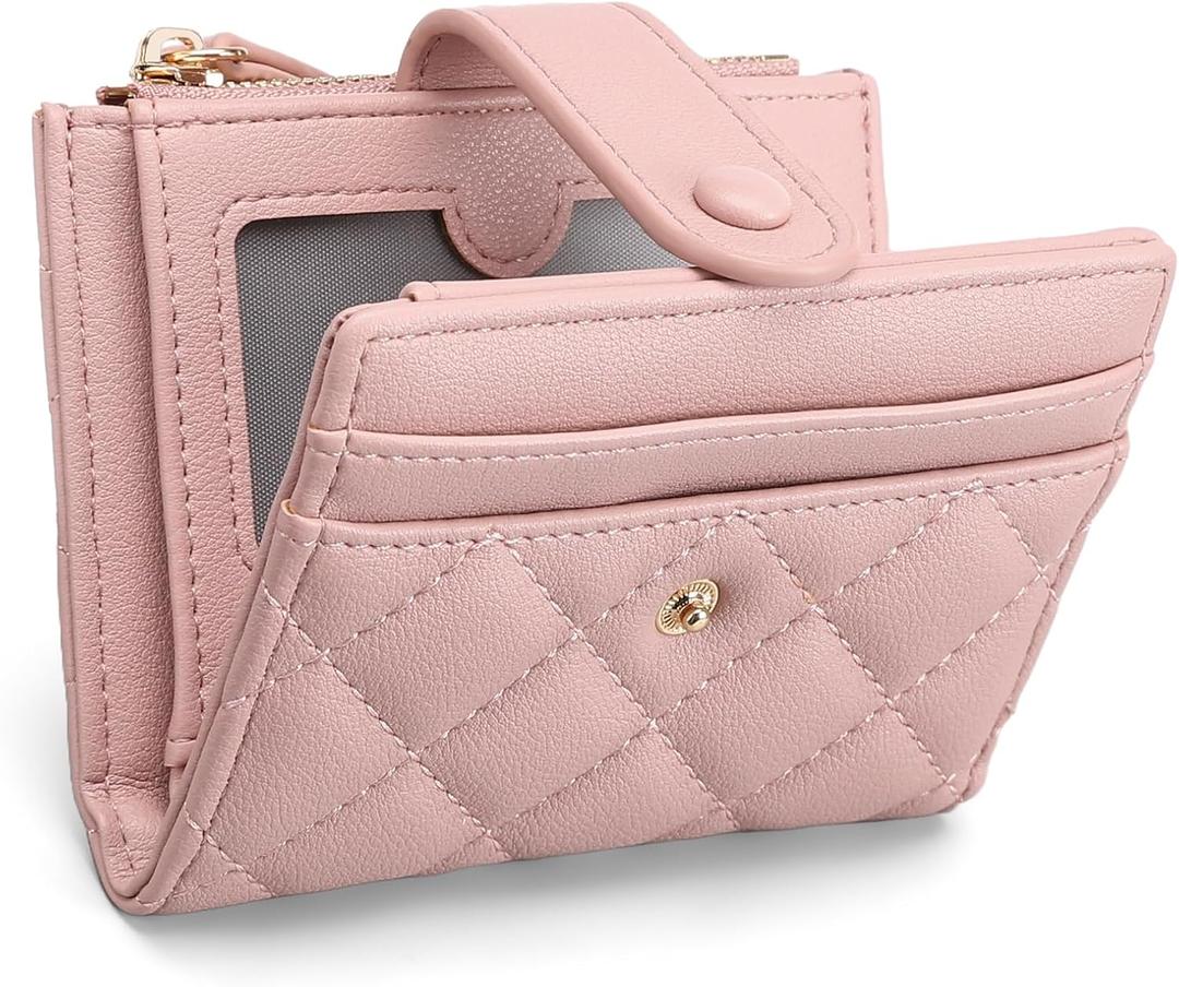 GAEKEAO Small Wallet for Women Slim Bifold Leather RFID Blocking Credit Card Holder Wallets Zipper Pocket Coin Purse with ID Window (Light Pink)
