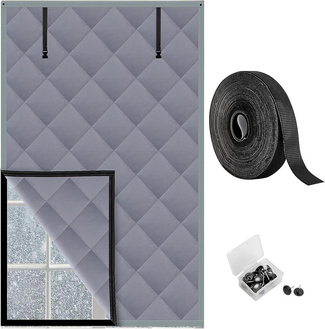 3 Layer 63 x 39 Inches Winter Insulated Window Cover-Oxford Thermal Insulated Window Blanket with Fastener-Gray Window Insulation Kit for Winter Keeping Warm