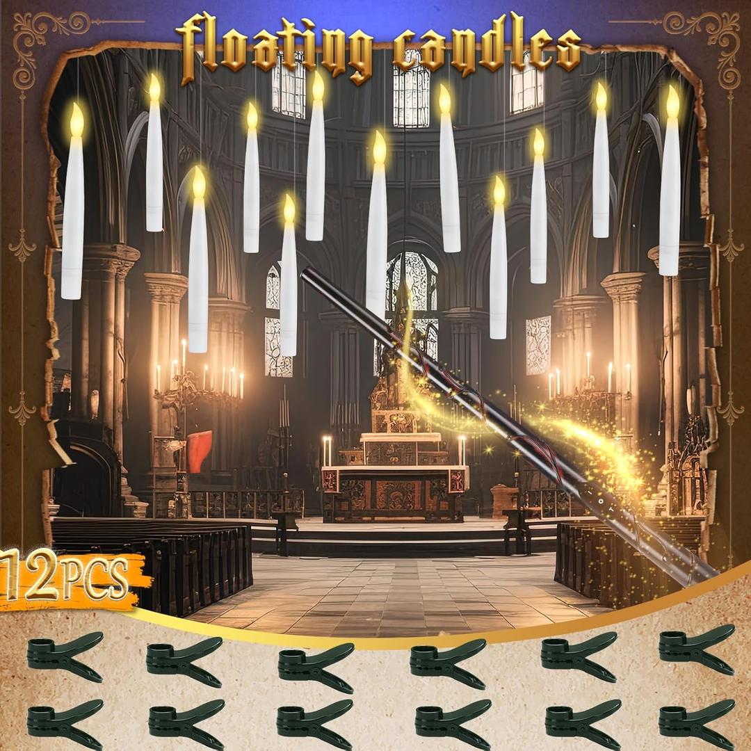 Halloween Decorations - Floating Candles with Wand & 6-Hour Timer - Flameless LED Hanging Candles with Clip, Battery Operated Window Taper Candle for Indoor/Outdoor Halloween & Holiday Decor 12PCS