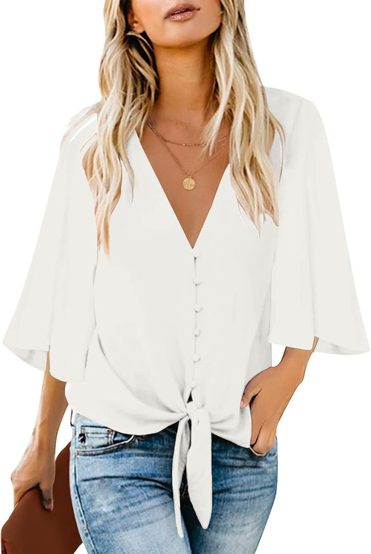 luvamia Women's Casual V Neck Tops 3/4 Sleeve Tie Knot Blouses Solid Button Down Shirts (White, XXXL)