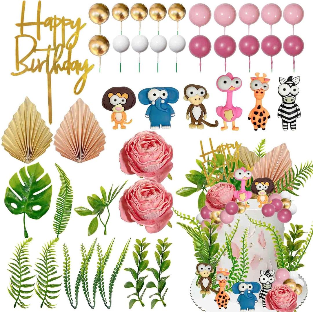 41PCS Wild One Birthday Cake Decorations Girl，Pink Two Wild Safari Animal Cake Toppers with Flowers Leaves for Safari Birthday Baby Shower