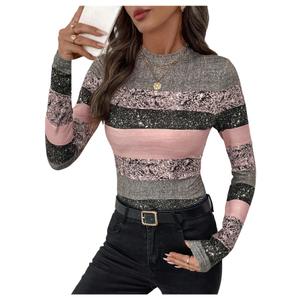 RoseSeek Women's Striped Color Block T Shirts Mock Neck Long Sleeve Elegant Fall Tops Multicolor Large
