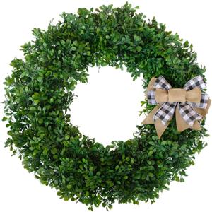 24 Inch Spring Green Wreath Artificial Boxwood Wreath with Burlap Bow - Farmhouse Front Door Wreaths for Year-Round Indoor/Outdoor Window Fireplace Decor Wedding Party Festive Decor