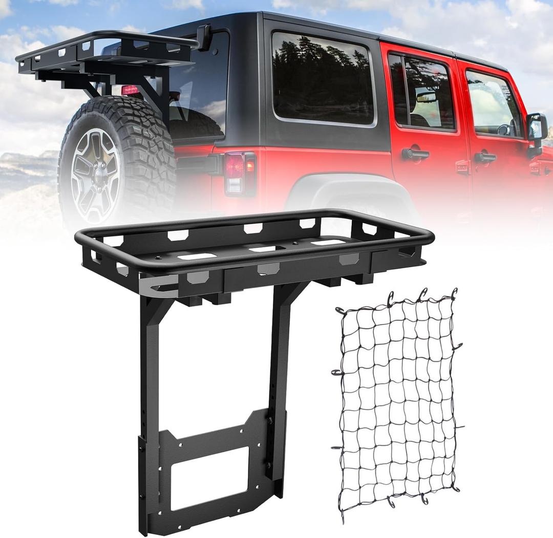for Jeep Wrangler JK Rear Cargo Basket on OE Tailgate Compatible with 2007-2018 Jeep Wrangler JK & JKU Unlimited 2/4 Door, Spare Tire Cargo Rack, Luggage Storage Carrier (Bolt-On)