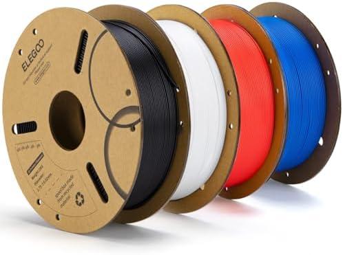 ELEGOO PLA Filament 1.75mm Bundle 4KG, 3D Printer Filament Bulk Dimensional Accuracy +/- 0.02mm, 4 Pack 1kg Cardboard Spool(2.2lbs) Fits for Most FDM 3D Printers(Black, White, Dark Blue, Red)