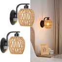 Boho Rattan Wall Sconces Set of Two On/Off Dimmable Switch Bedside Wall Lamp Hardwired Hand-Woven Farmhouse Wall Sconce Indoor Wall Lights for Bedroom Bathroom Living Room, E26