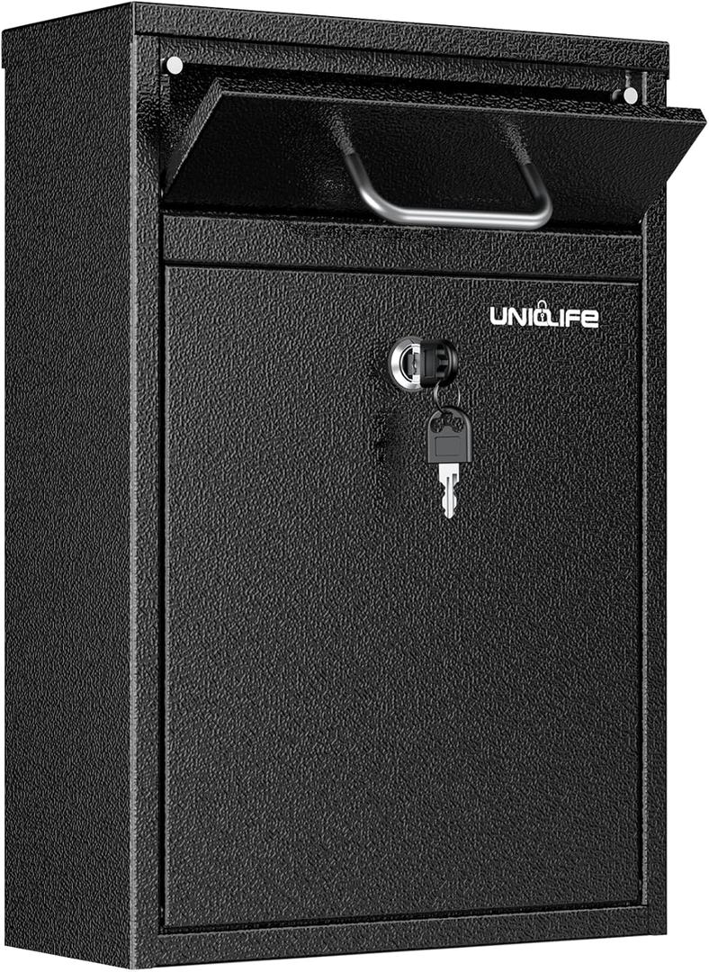 Uniclife Wall Mount Mailbox for Outside, Heavy Duty Locking Mailboxes, Large Mailbox with Key Lock, Security Mail Box, Safe Key Drop Box, Post Box, Steel Cash Drop Box for Home Office School, Black