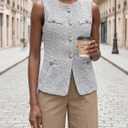 Tweed Vest Tops for Women - Summer Button Front Blazer | Fully Lined Round Neck with Pockets, Sleeveless Long Blazer, Tweed Dressy Vest, Business Casual Tops, Office Work Waistcoat (M)