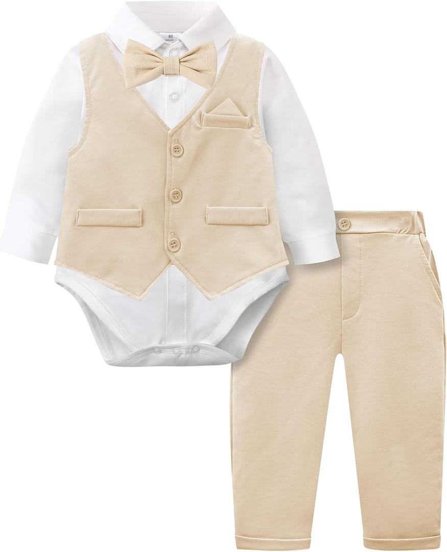 A&J DESIGN Baby Boy Suits Clothes Infant Toddler Formal Gentleman Outfits, Dress Shirt + Vest + Bow Tie + Pants Wedding Set (6-9 Months, Beige)