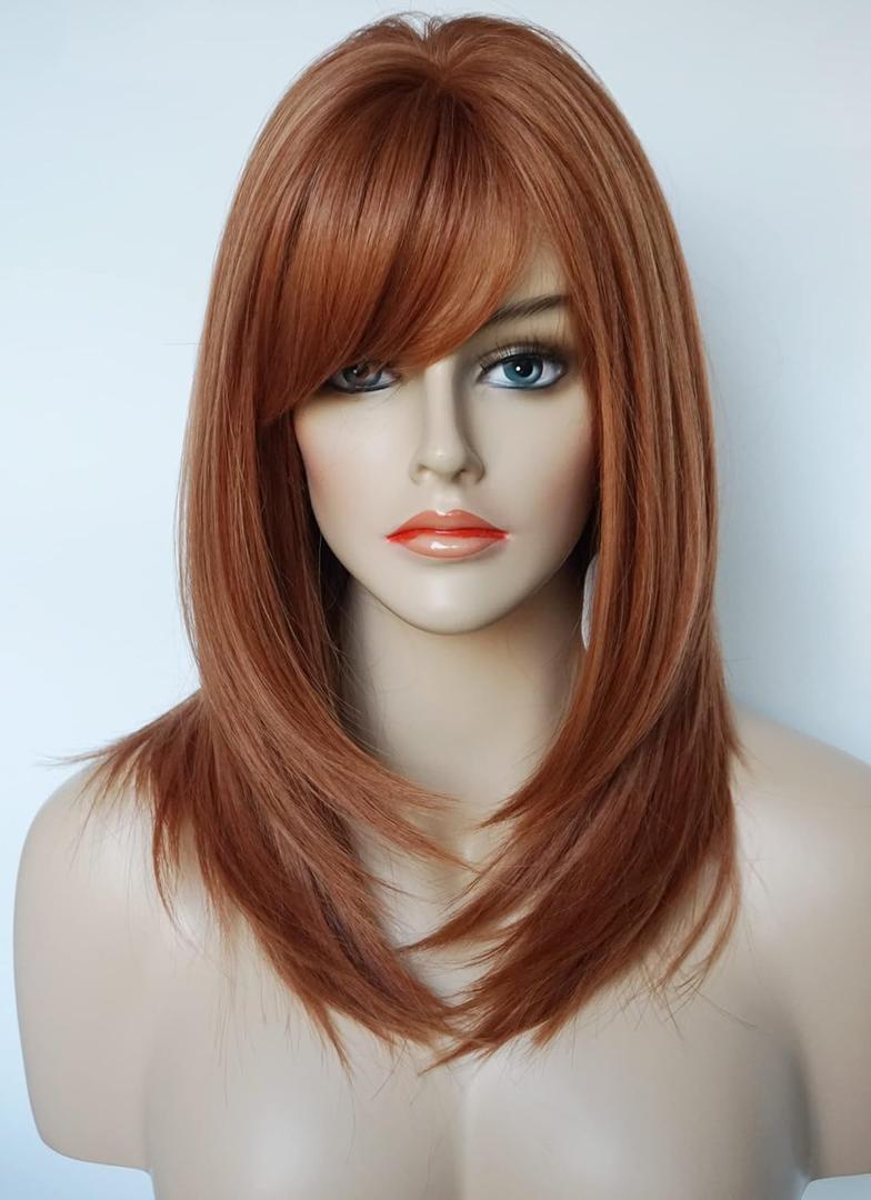 Short Copper Wigs for Women Mid length Wigs for white women Layered wig with bangs Synthetic wig for white Women