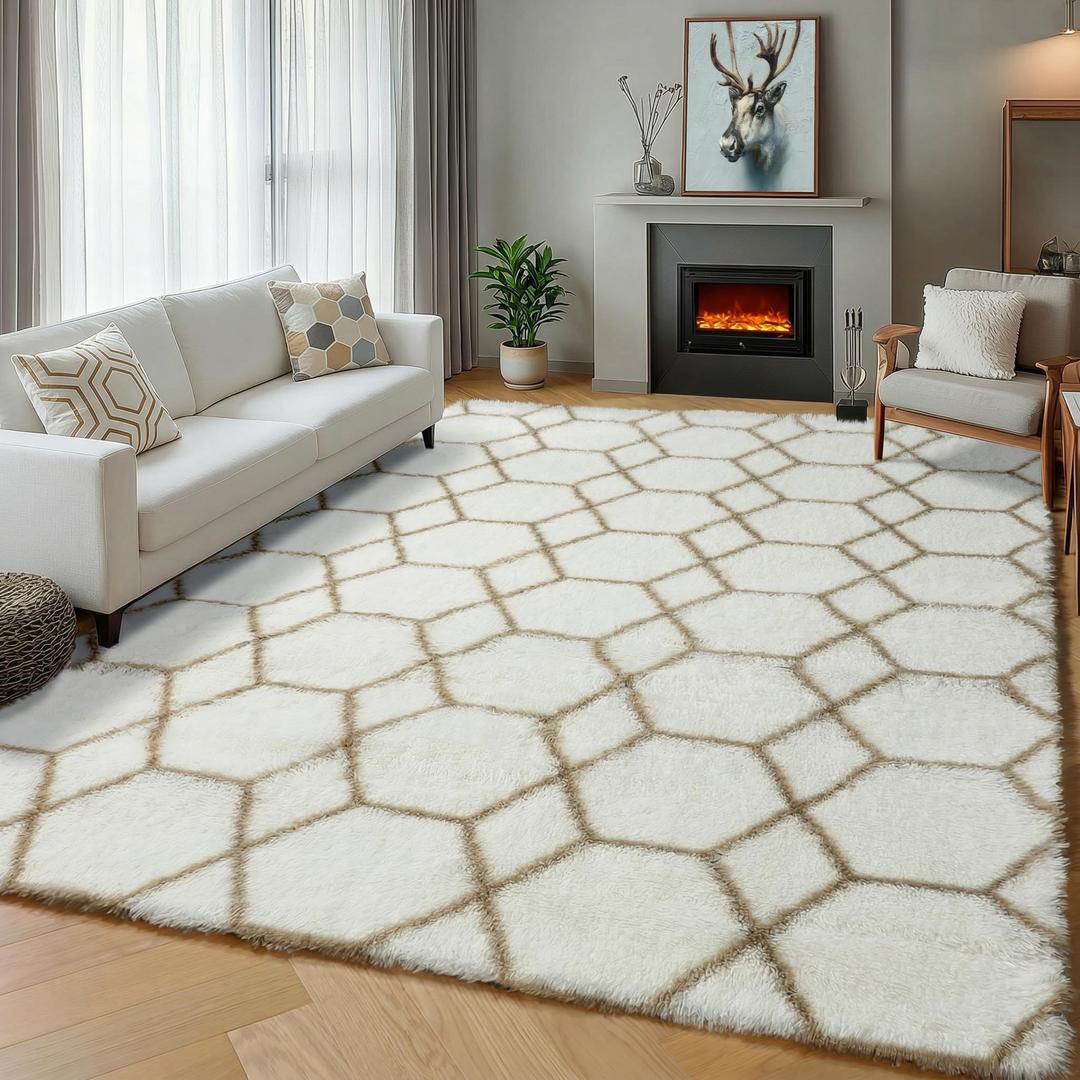 ONASAR Rugs for Living Room Bedroom, 5x8 Fluffy White and Beige Area Rug, Geometric Boho Soft Plush Shaggy Floor Carpet Mat for Nursery Kids Girls Boys Teen Dorm Home Decor Aesthetic