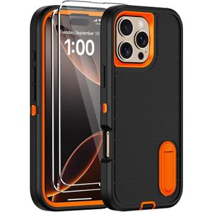 for iPhone 16 Pro Case with Screen Protector,Built-in Invisible Kickstand,Heavy Duty Shockproof Drop Protection Military Grade Tri-Layer Rugged Durable Cell Phone Cover for Apple 16 Pro Black Orange