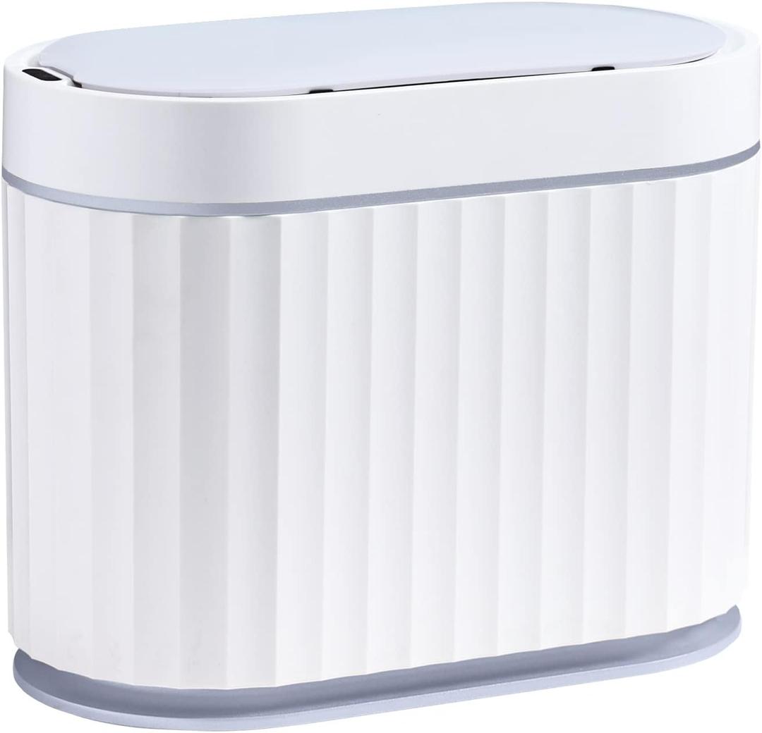 ELPHECO Mini Trash Can with Lid Small Desktop Trash Can with Lid, 5 Liter Automatic Garbage Bin, 1.3 Gallon Motion Sensor Countertop Waste Basket for Bedroom, Office, Bathroom, White with Grey Trim