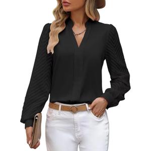 Womens Tops Dressy Casual Sheer Long Sleeve V Neck Shirts Loose Flowy Chiffon Business Work Blouses (Black, XXL)
