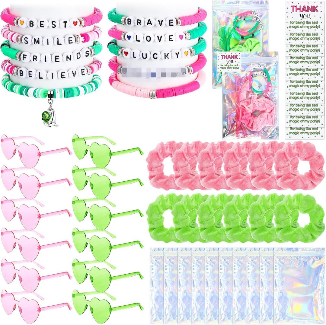 Flutesan 70 Pcs Witch Party Favors Pink and Green Heart Shaped Glasses Witch Theme Friendship Bracelets Pink and Green Hair Scrunchies with Thank You Stickers Laser Storage Bag for Wizard Fans Party