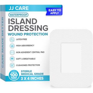 JJ CARE Waterproof Adhesive Island Dressing [Pack of 100], 3" x 4" Sterile Bordered Gauze, Breathable Island Wound Dressing, Individually Wrapped Adhesive Gauze Bandages with Non-Stick Central Pad