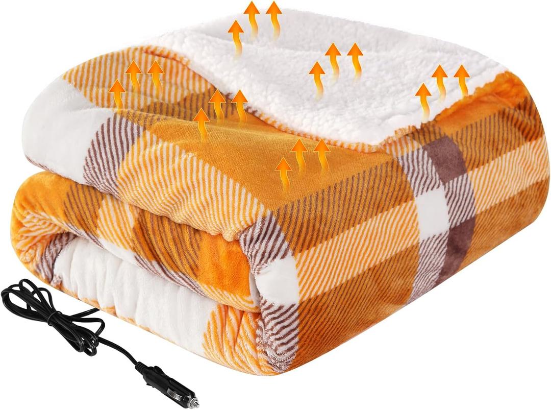 Westinghouse Heated Car Blanket with 3 Heating Levels, 4 Hours Auto Off, 12 Volt Electric Blanket for Car, Truck, SUV, RV, Machine Washable, 59" x 43" (Orange Buffalo Plaid)