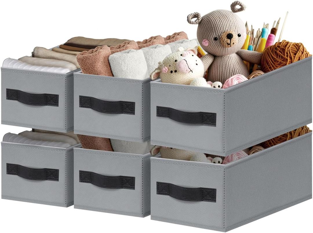 Criusia Small Storage Bins for Shelves 6 Pack - 11x5in Storage Baskets for Organizing Closet or Drawer - Fabric Clothes Storage Cubes Closet Organizer for Home Nursery Organization (Grey)