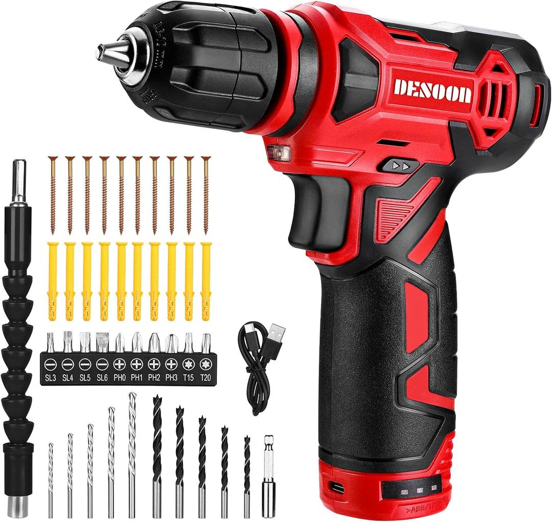 Cordless Electric Power Drill Set: DESOON 12V Cordless Drill with Battery, Lightweight Drills Tool Set for Men & Women, Red Electric Drill for Home Repair Furniture Assembly DIY Project Screw Driving