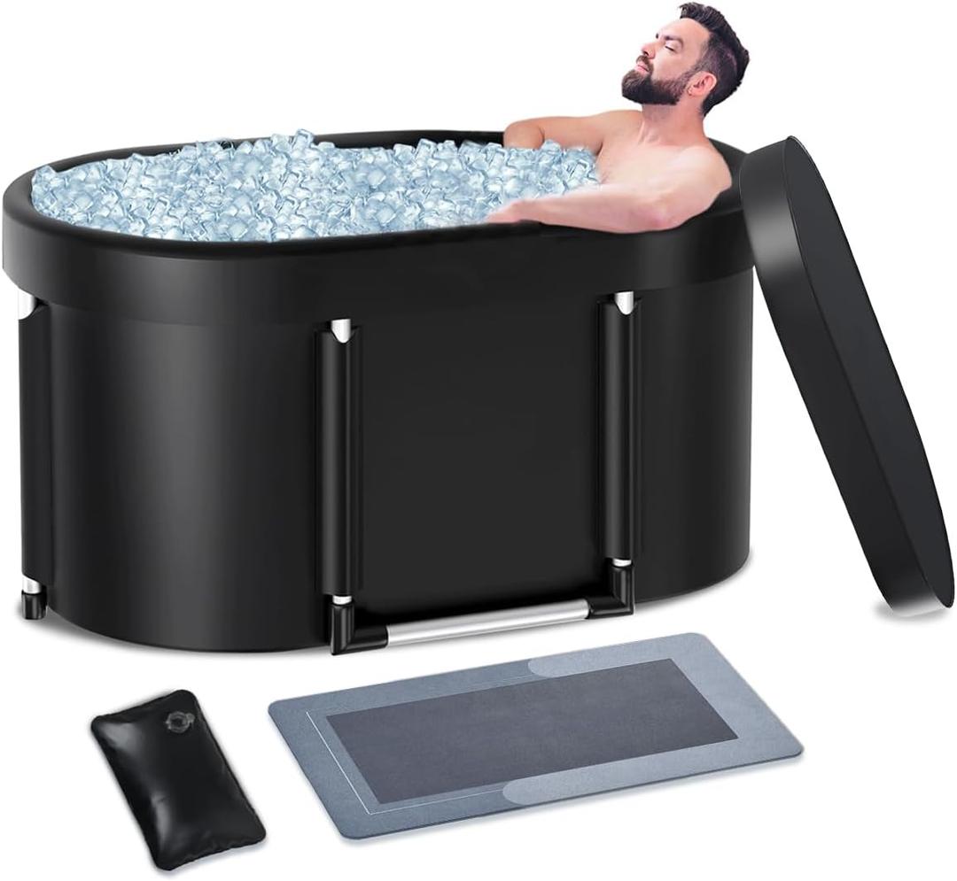 Extra Large Cold Plunge Tub with Aluminum Support Poles for Cold Water Therapy, Portable Ice Bath for Athletes Recovery, Collapsible Ice Plunge Tub for Adults with Water Filling Cushion, 100 Gal (Black)
