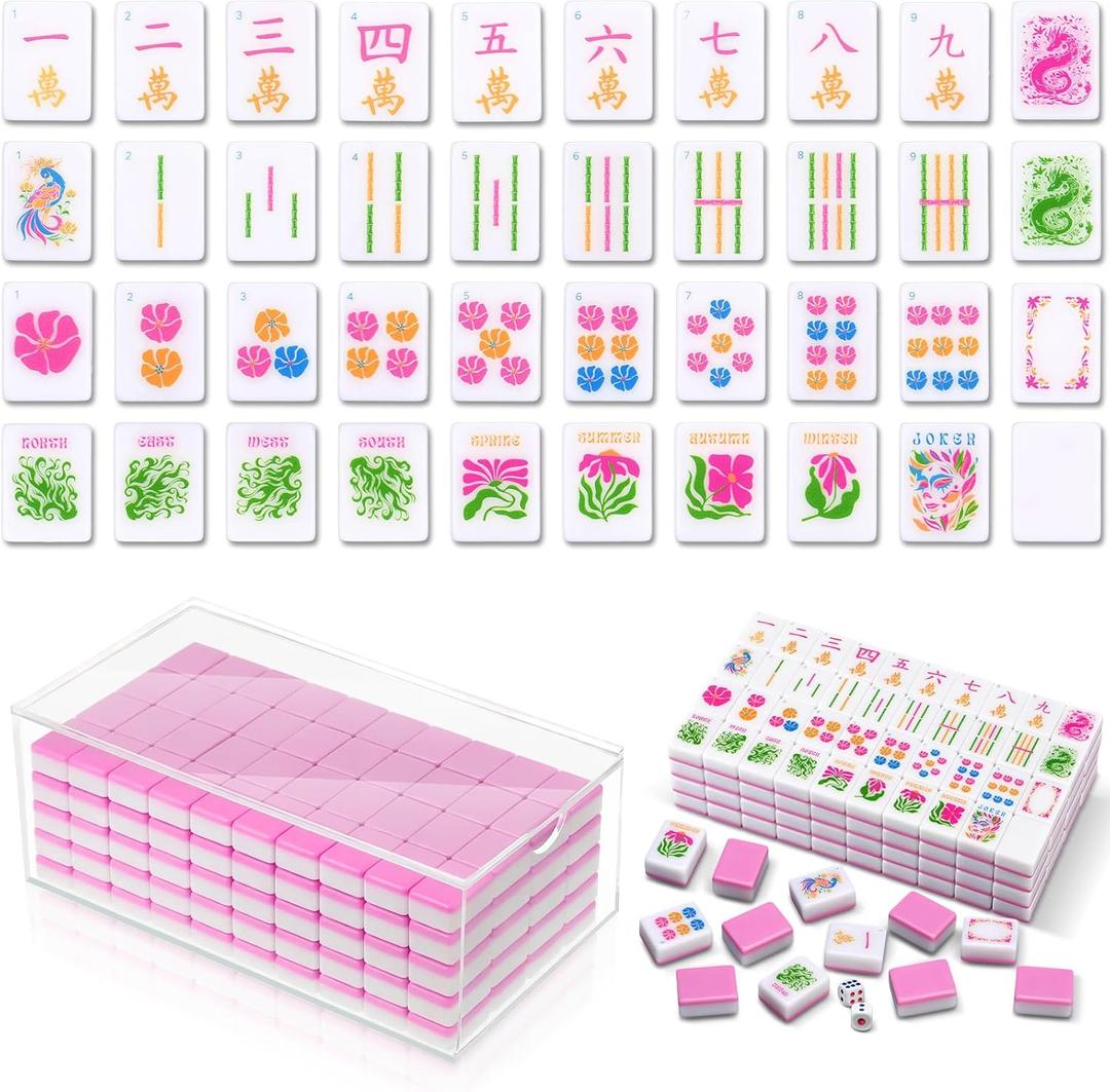 Soulchen 160 Pink Kaleidoscope American Mahjong Tile Set with Acrylic Storage Box & Dice 1.2" 3D Engraved Tiles for Adults Friends Family Game Night Mahjong Travel Size Chinese Game Gifts