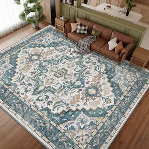 HOMFINE Washable Area Rug 6x9 - Stain Resistant Vintage Design Rugs for Living Room, Non-Slip Foldable Carpet for Bedroom, Dining Room, Indoor, Office (Green, 6'x9')