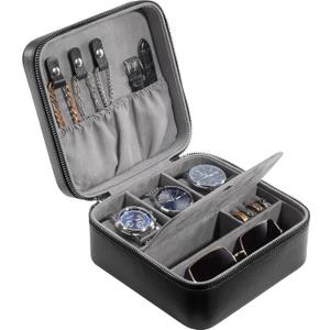 ProCase Travel Watch Case, 3 Slots PU Leather Mens Jewelry Box, Portable Watches Cufflinks Accessories Storage Case, Zippered Carrying Organizer Bag for Man -Black