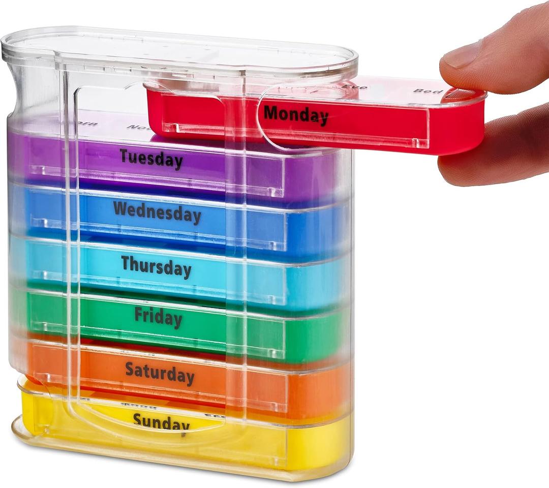 MEDca Weekly Pill Organizer, Four Times-a-Day, 1 Dispenser with Stackable AM/PM Compartments (Multicolor)