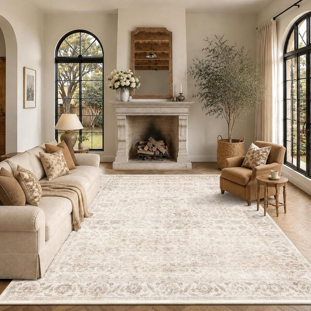 Washable 8x10 Living Room Non-Slip Area Rug Retro Beige Large Carpet
Soft Low-Pile,Vintage Floor Rug,Foldable Throw Rug,Stain Resistant for Bedroom,Dining Room,Office,Nursery,Boho Home Decor