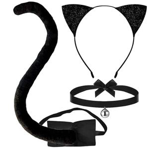 Jremreo 3-Piece Black Cat Ears and Tail Costume Accessory Set - Cat Ears Headband, Long Tail, and Bell Choker Necklace for Halloween, Dress-Up Parties, Cosplay, and Animal-Themed Party Supplies