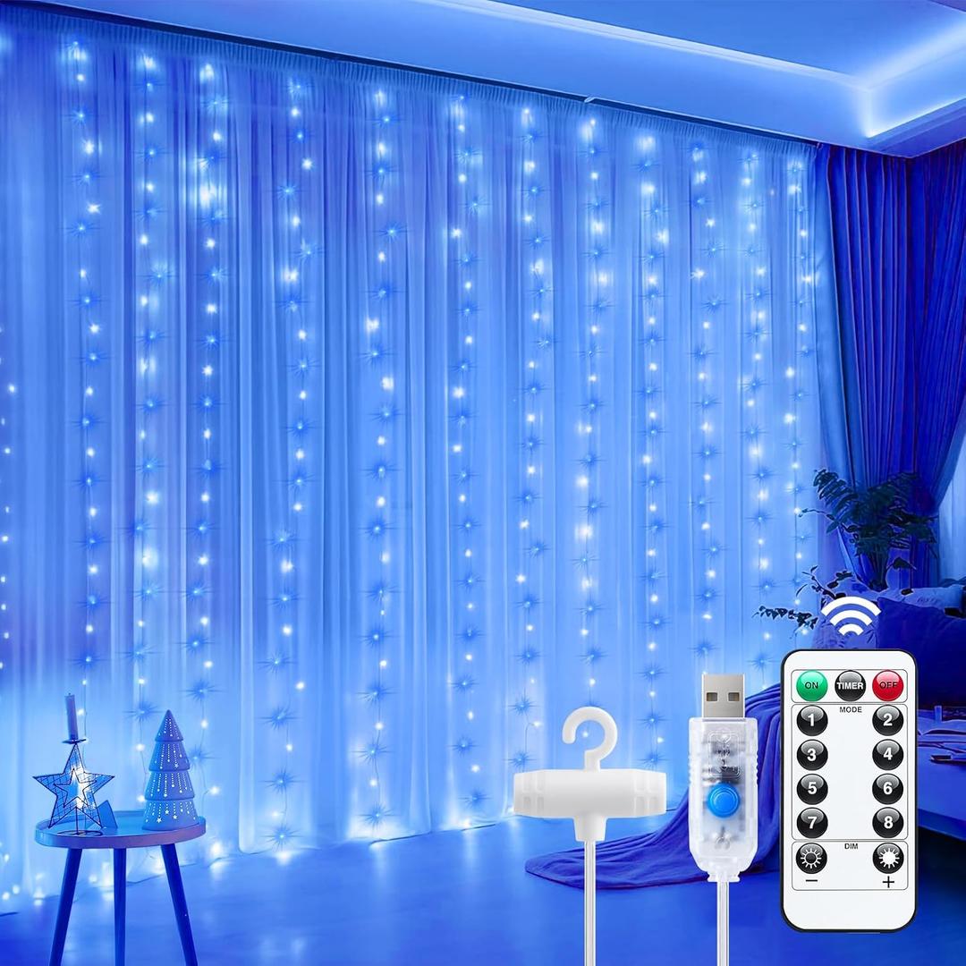 Minetom Curtain Lights, 300 LED Dimmable Fairy Lights with Remote and Timer, 8 Modes, USB Powered String Lights for Room Wall Party Xmas Indoor Decor, Blue & White (1 Pack)