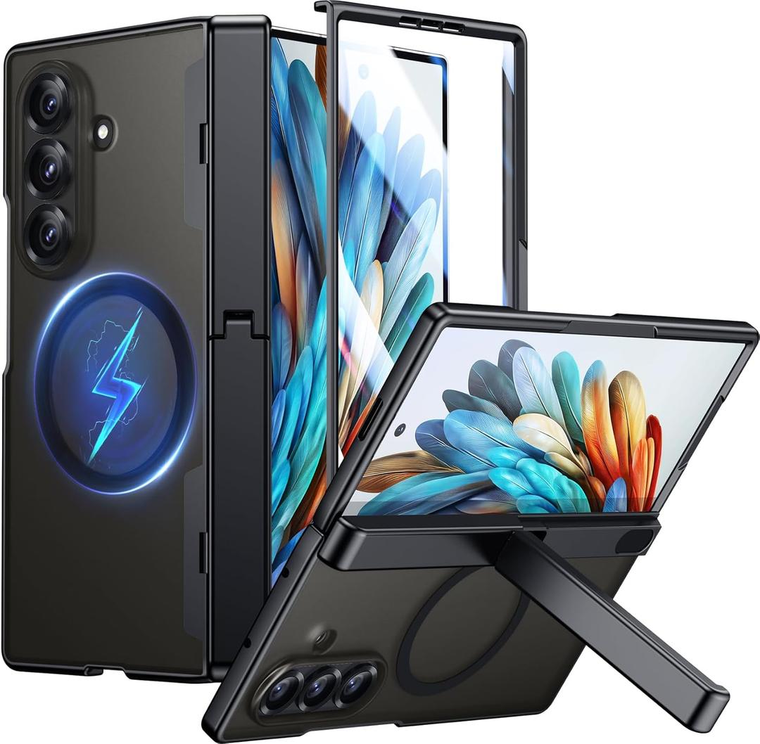 Temdan Magnetic for Samsung Galaxy Z Fold 7 Case,[Compatible with MagSafe][Built-in HD Screen Protector&Invisible Kickstand][Hinge Protection]Translucent Matte Shockproof Phone Case for Z Fold 7,Black