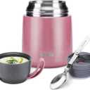 MAXSO Soup Thermo for Hot & Cold Food for Adults Kids, 17 oz Vacuum Insulated Steel Lunch Container Bento Box with Spoon, Leakproof Thermal Food Jar for School Office Travel - Pink