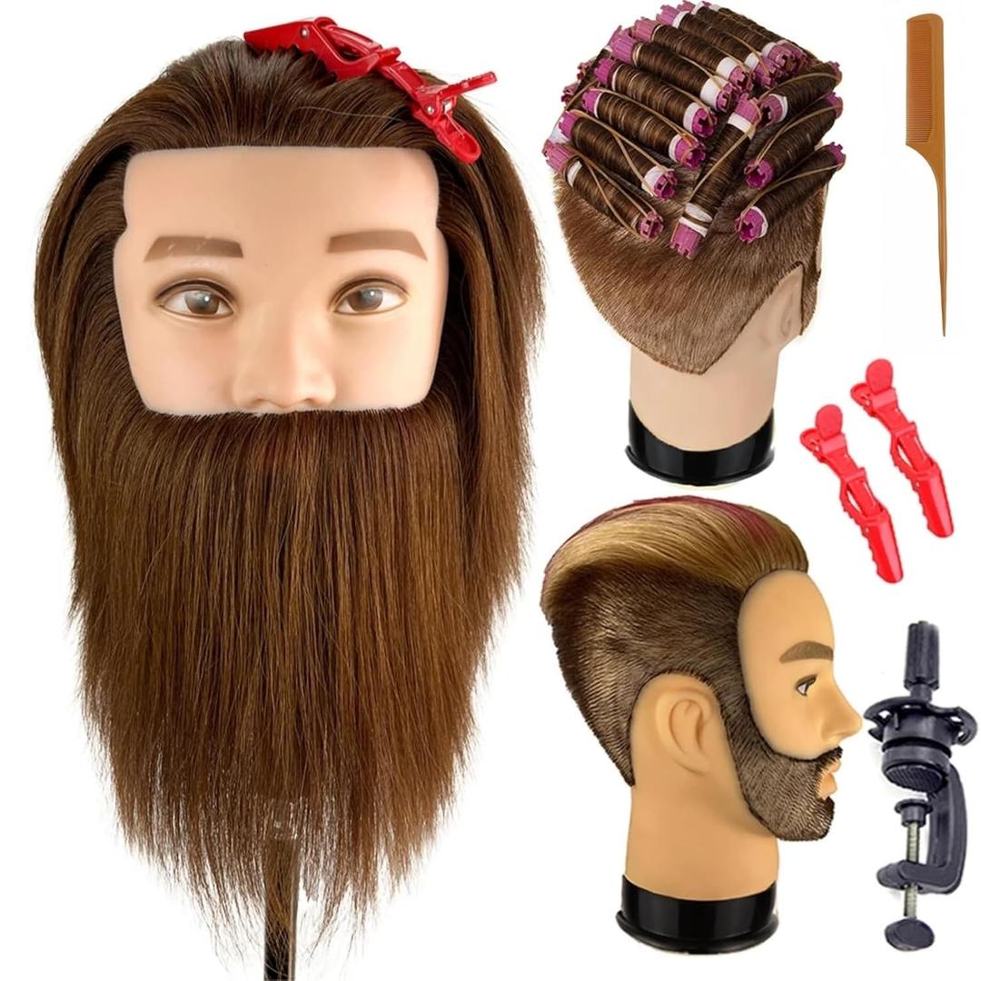 Mannequin Head Human Hair for Hair Styling, Barber Mannequin Head Male with 100% Human Hair and Beard Cosmetology Training Manikin Head for Hair Cutting