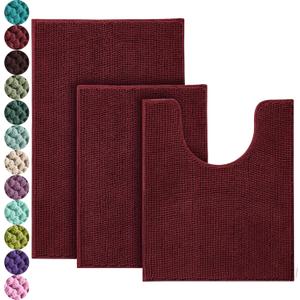 Urvoix Bathroom Rugs Set - 3 Pieces Ultra Soft Non-Slip Bath Mats, Chenille Absorbent Bath Rugs for Bathroom, Tub and Shower (Burgundy)