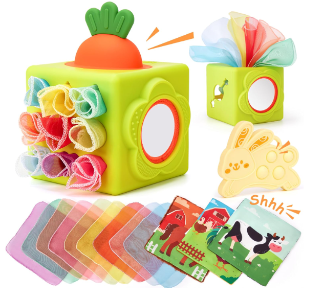 hahaland Silicone Baby Tissue Box Toy  Baby Toys 612 Months Montessori Toys for 6 Month Old Babies, 6in1 Soft Busy Activity Cube with Scarves, Crinkle, Textures, Mirror, Sensory Popper 9 Month Old